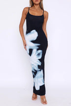Spaghetti Strap Square Neck Bodycon Abstract Floral Placement Print Maxi Dress