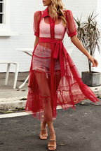 Sexy Simplicity Solid See-through Mesh Turndown Collar A Line Dresses
