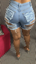 Cropped and Ripped Stretch Denim Shorts