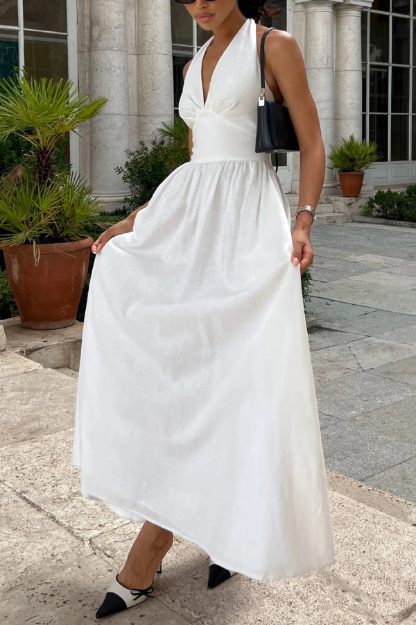 Solid Color Halter Neck Tie Elegant Backless Waist-cinching Maxi Dress