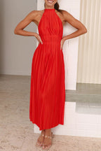 Elegant Solid Backless Fold Halter Waist Skirt Dresses