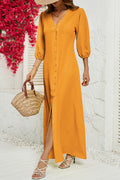 Annunziata Luxe Long Half Sleeved Button Down Dress with a V Neckline Everyday Edit