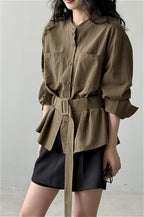 Vintage Waist Cinched Belted Long Sleeve Blouse