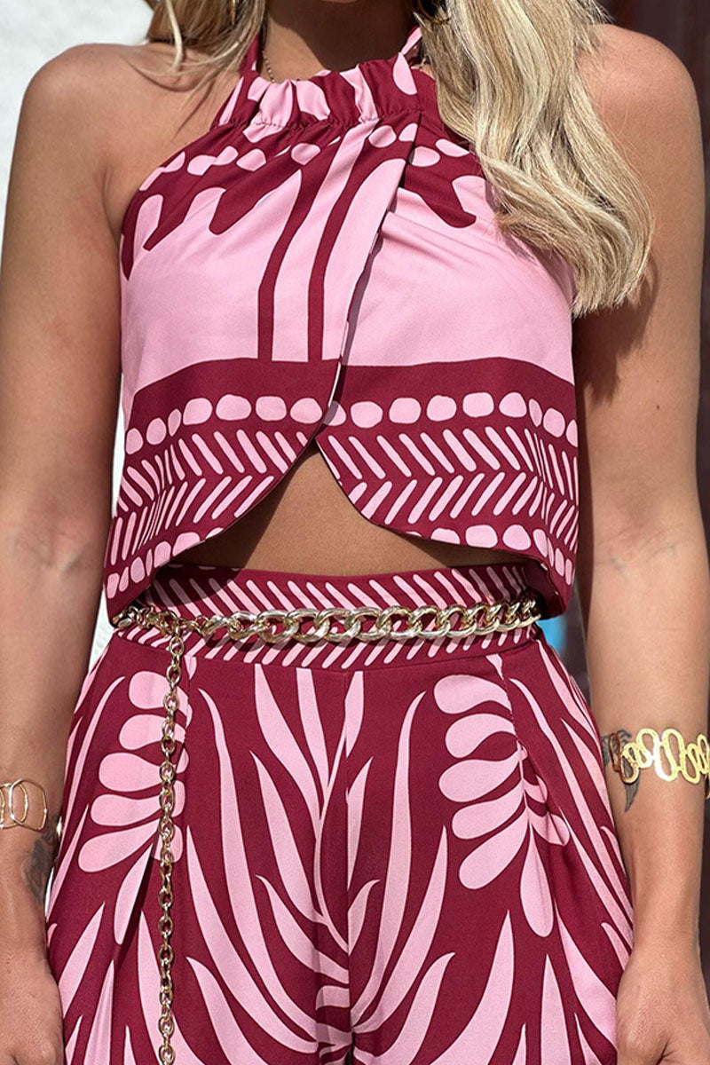 Sexy Print Backless Slit Zipper Halter Sleeveless Two Pieces(Without Waist Chain)