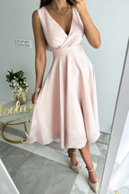 Sweet Elegant Solid Fold V Neck Sleeveless Dress Dresses