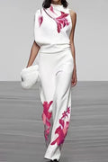 Elegant Print Turtleneck Sleeveless Two Pieces
