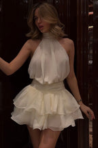 Halter Neck Tiered Ruffle Chiffon Mini Graduation Mini Dress