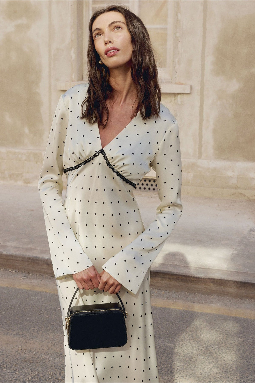 Polka Dot Satin Deep V-Neck Long Sleeve Lace Trim Empire Waist Midi Dress