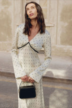 Polka Dot Satin Deep V-Neck Long Sleeve Lace Trim Empire Waist Midi Dress