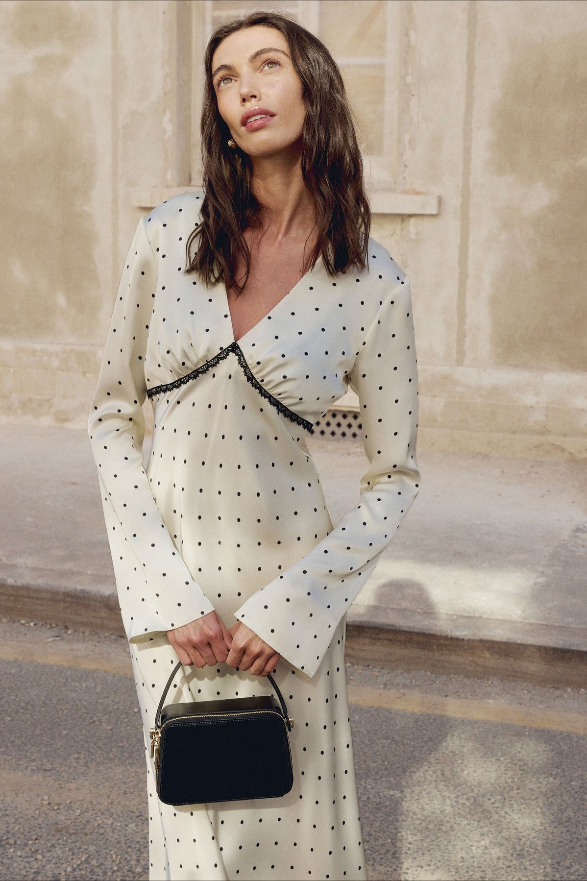 Polka Dot Satin Deep V-Neck Long Sleeve Lace Trim Empire Waist Midi Dress