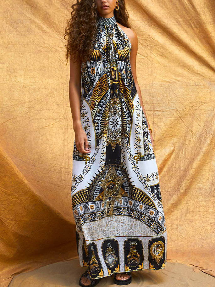 Ornate Scenic Print Halter Neck Draped Maxi Dress