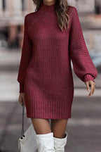| Casual Solid Patchwork Dress with Turtleneck and Tiered Skirt
