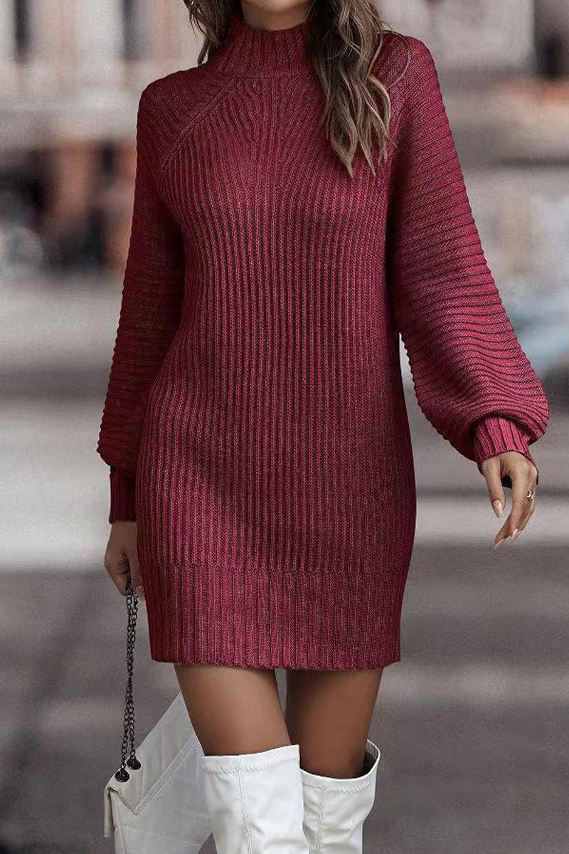 | Casual Solid Patchwork Dress with Turtleneck and Tiered Skirt