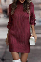 | Casual Solid Patchwork Dress with Turtleneck and Tiered Skirt