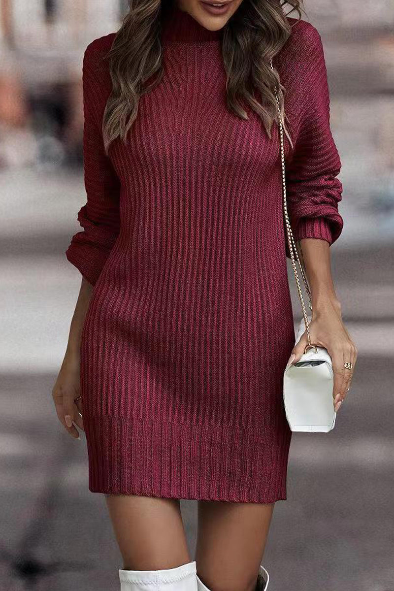 | Casual Solid Patchwork Dress with Turtleneck and Tiered Skirt