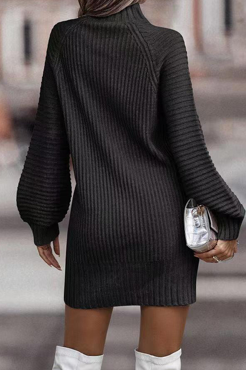 | Casual Solid Patchwork Dress with Turtleneck and Tiered Skirt