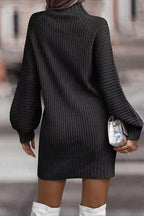 | Casual Solid Patchwork Dress with Turtleneck and Tiered Skirt