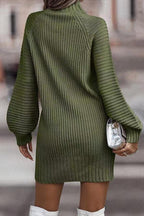 | Casual Solid Patchwork Dress with Turtleneck and Tiered Skirt