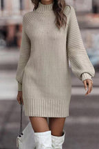 | Casual Solid Patchwork Dress with Turtleneck and Tiered Skirt