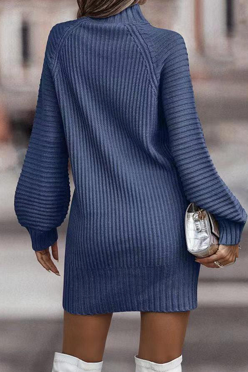 | Casual Solid Patchwork Dress with Turtleneck and Tiered Skirt