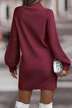 | Casual Solid Patchwork Dress with Turtleneck and Tiered Skirt