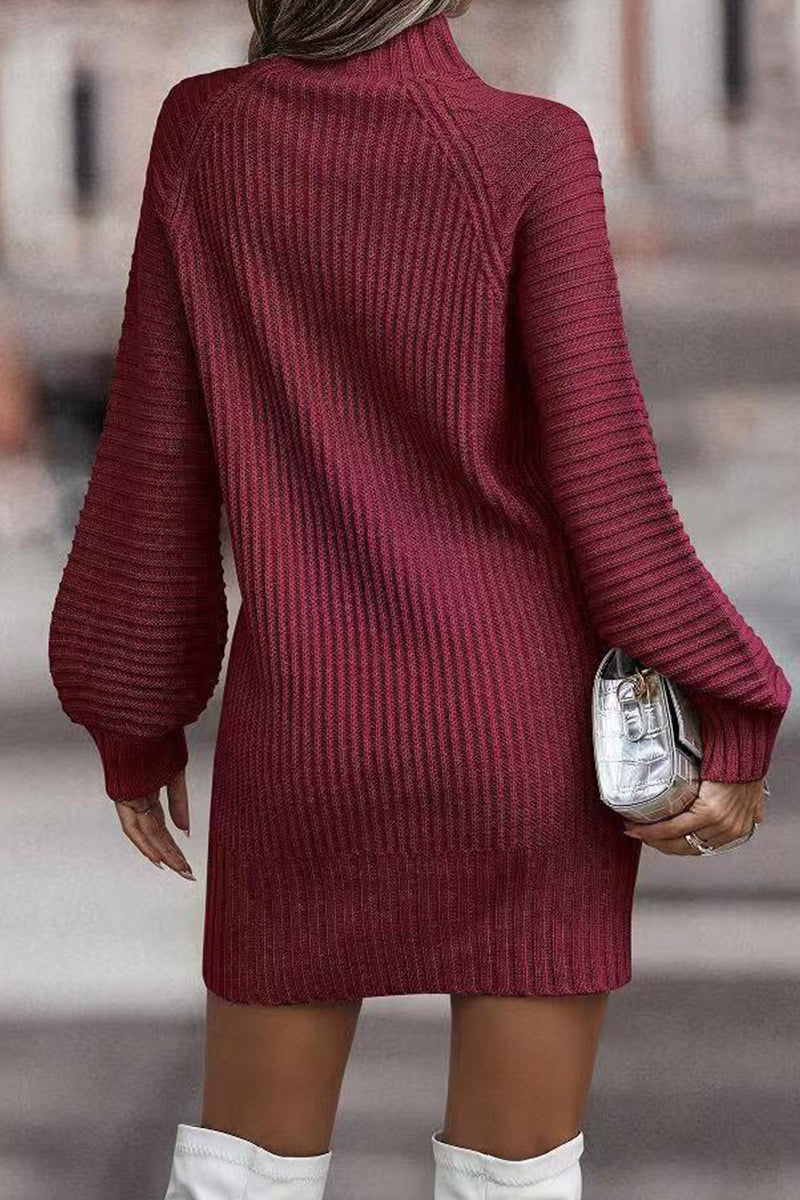 | Casual Solid Patchwork Dress with Turtleneck and Tiered Skirt