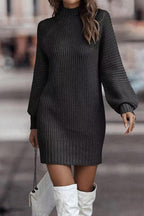 | Casual Solid Patchwork Dress with Turtleneck and Tiered Skirt