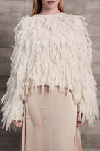 British Style Elegant Solid Tassel O Neck Tops