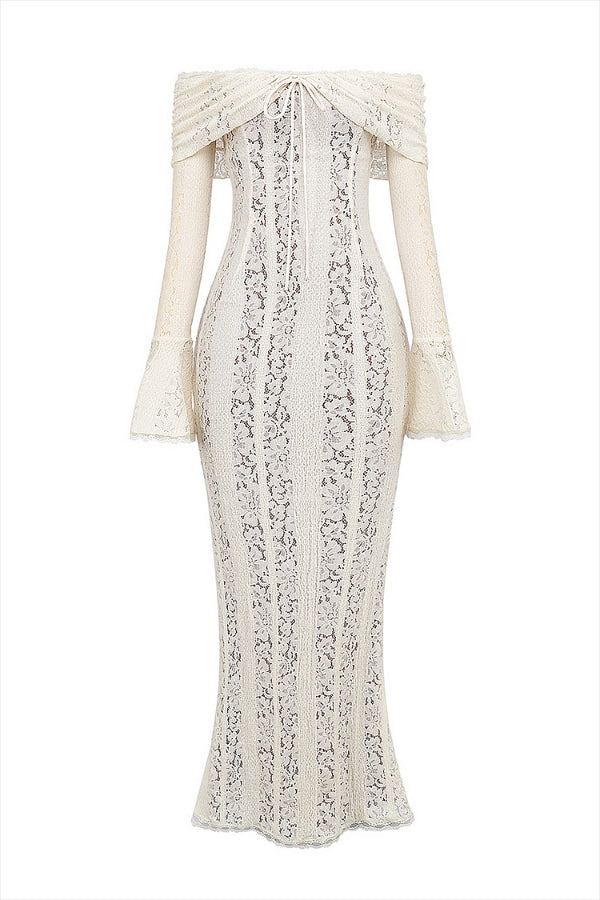 | Off Shoulder Floral Lace Flared Sleeve Fishtail Maxi Dress - White