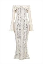 | Off Shoulder Floral Lace Flared Sleeve Fishtail Maxi Dress - White