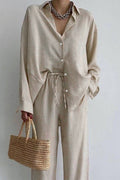 Casual Solid Frenulum Buttons Turndown Collar Long Sleeve Two Pieces