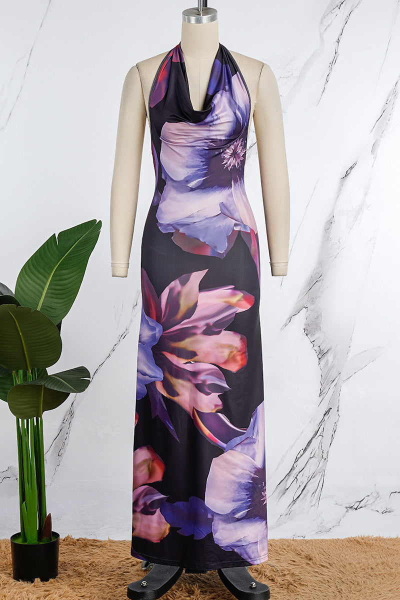 Yamel Minimalist Printed Backless Halter Neck Dresses with a Skirt Evening Wear Edit
