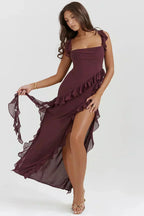 Chiffon Square Neck Ruffle Strap Wrap Cascading Ruffle High Split Maxi Gown