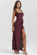 Chiffon Square Neck Ruffle Strap Wrap Cascading Ruffle High Split Maxi Gown
