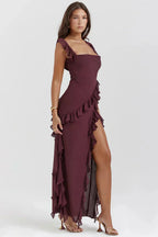 Chiffon Square Neck Ruffle Strap Wrap Cascading Ruffle High Split Maxi Gown
