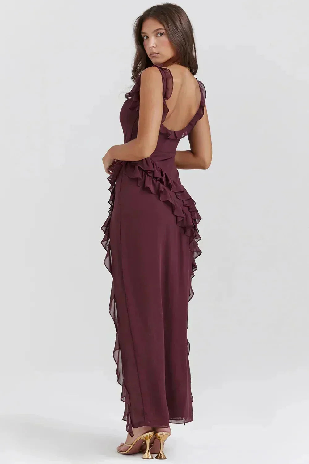 Chiffon Square Neck Ruffle Strap Wrap Cascading Ruffle High Split Maxi Gown