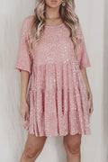 Elegant Solid Sequins O Neck Cake Skirt Short Sleeve Dress(4 Colors)