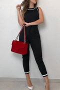 Casual Striped Contrast O Neck Regular Jumpsuits