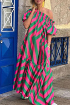Casual Striped Contrast Off the Shoulder Printed Dresses