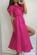 Elegant Solid Buckle O Neck A Line Short Sleeve Dress