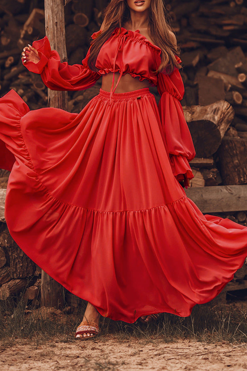 Sexy Vacation Solid Frenulum Off the Shoulder Long Sleeve Two Pieces(4 Colors)