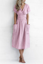 Casual Solid Bandage Pocket V Neck Short Sleeve Dress Dresses(4 Colors)
