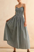 Stylish Plaid Print Spaghetti Strap Ruched Casual Pocket Maxi Dress