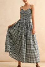 Stylish Plaid Print Spaghetti Strap Ruched Casual Pocket Maxi Dress