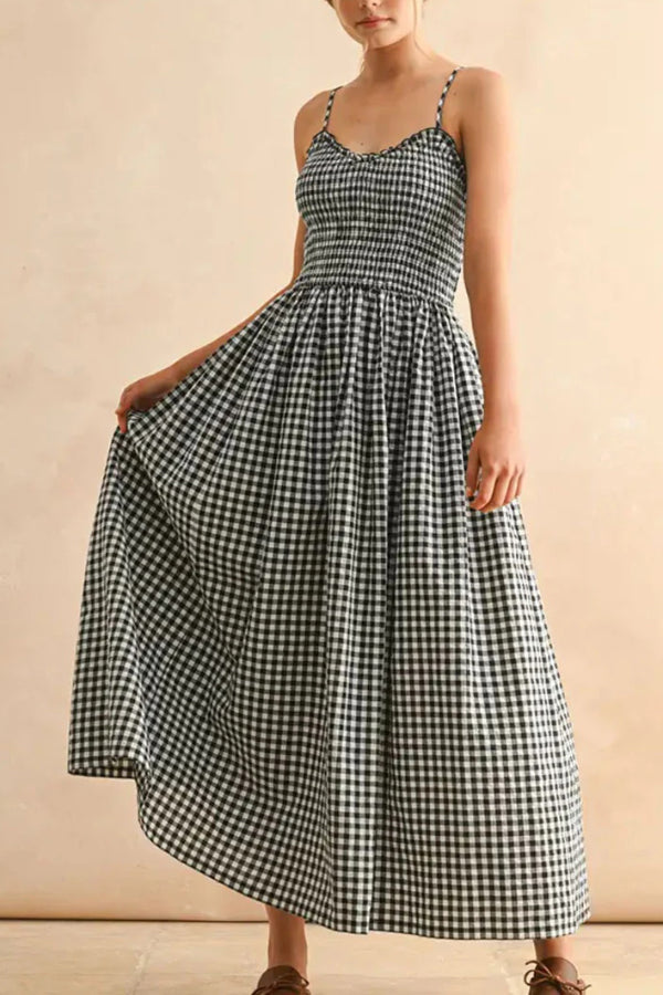 Stylish Plaid Print Spaghetti Strap Ruched Casual Pocket Maxi Dress