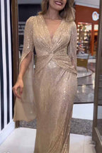 Sexy Formal Solid Sequins Fold V Neck A Line Dresses(7 Colors)