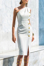 Elegant Solid Buttons Oblique Collar One Step Skirt Dresses
