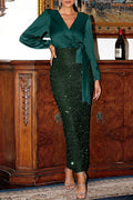 Formal Patchwork Sequins Frenulum V Neck Long Dress Dresses