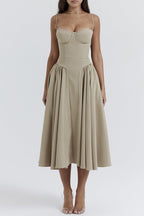 Vintage Elegant Solid Fold Square Collar Sling Dress Dresses