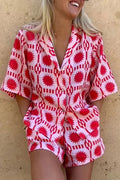 Casual Vacation Print Pocket Turndown Collar Short Sleeve Two Pieces